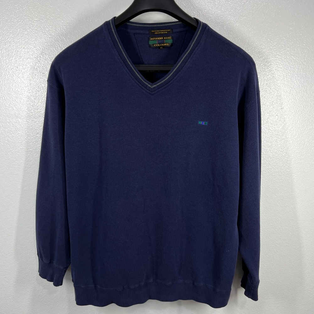 Alexander Julian Colours V-Neck Cotton Sweater Pullover Knit Top XL 80s Style
